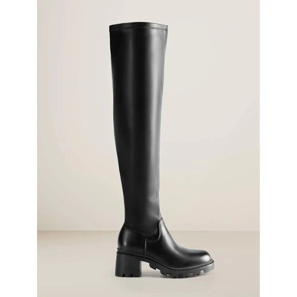 Women's Black-pu Faux Leather Knee High Over The Knee High Chunky Heel Boots - Picture 2 of 7
